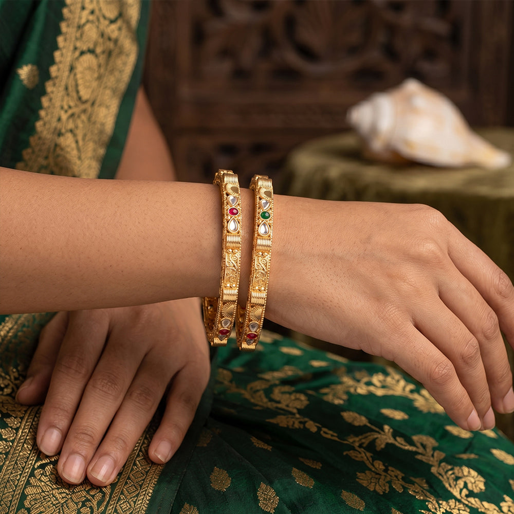 Antique Gold Plated Bangles with Exquisite Kundan Stone Work