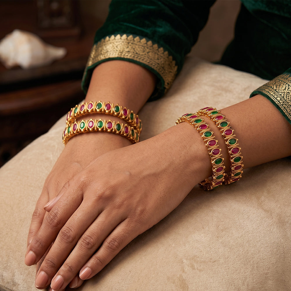 Traditional ethnic high gold kemp bangle set with vibrant stone embellishments for festive wear