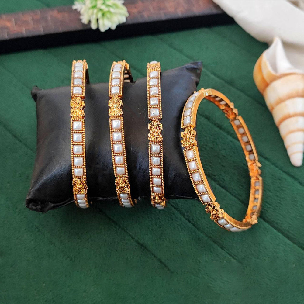 Temple Design Pearl Bangle Set - High Gold Finish Heritage Jewelry