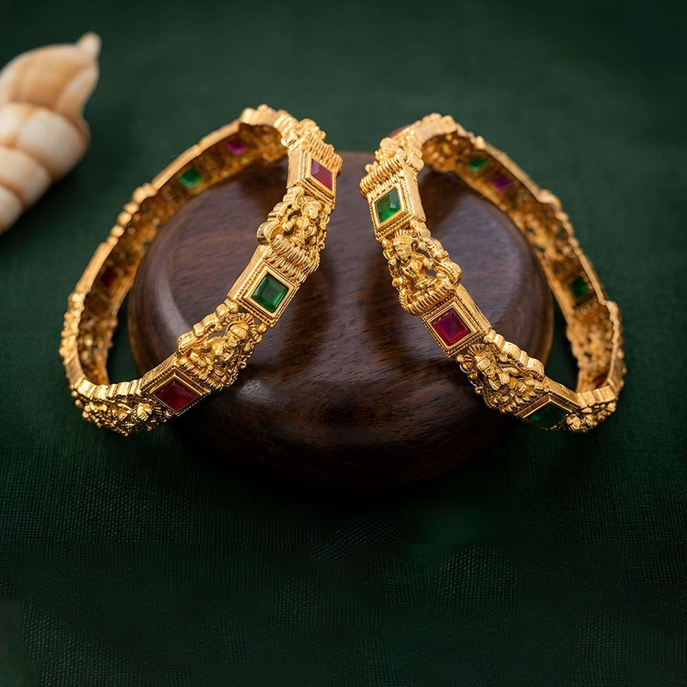 Temple Lakshmi Gold Bangles with Traditional Stone Work