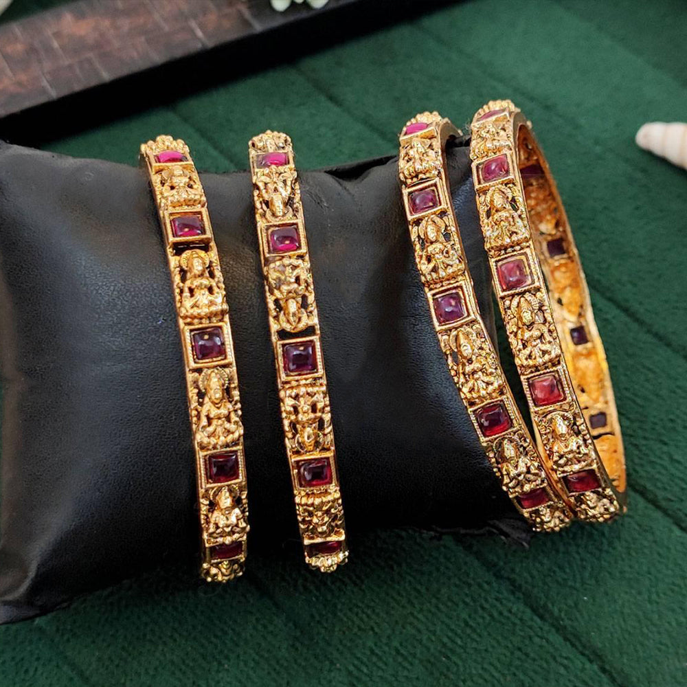 Antique Temple Carving Designer Bangle Set in Traditional Gold Tone