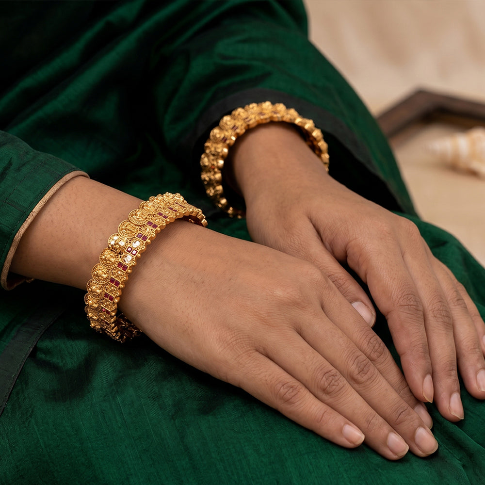 Set of antique gold coin design temple bangles for traditional Indian outfits