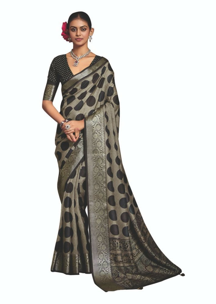 Dark grey Dola Tussar silk saree with elegant self jacquard border