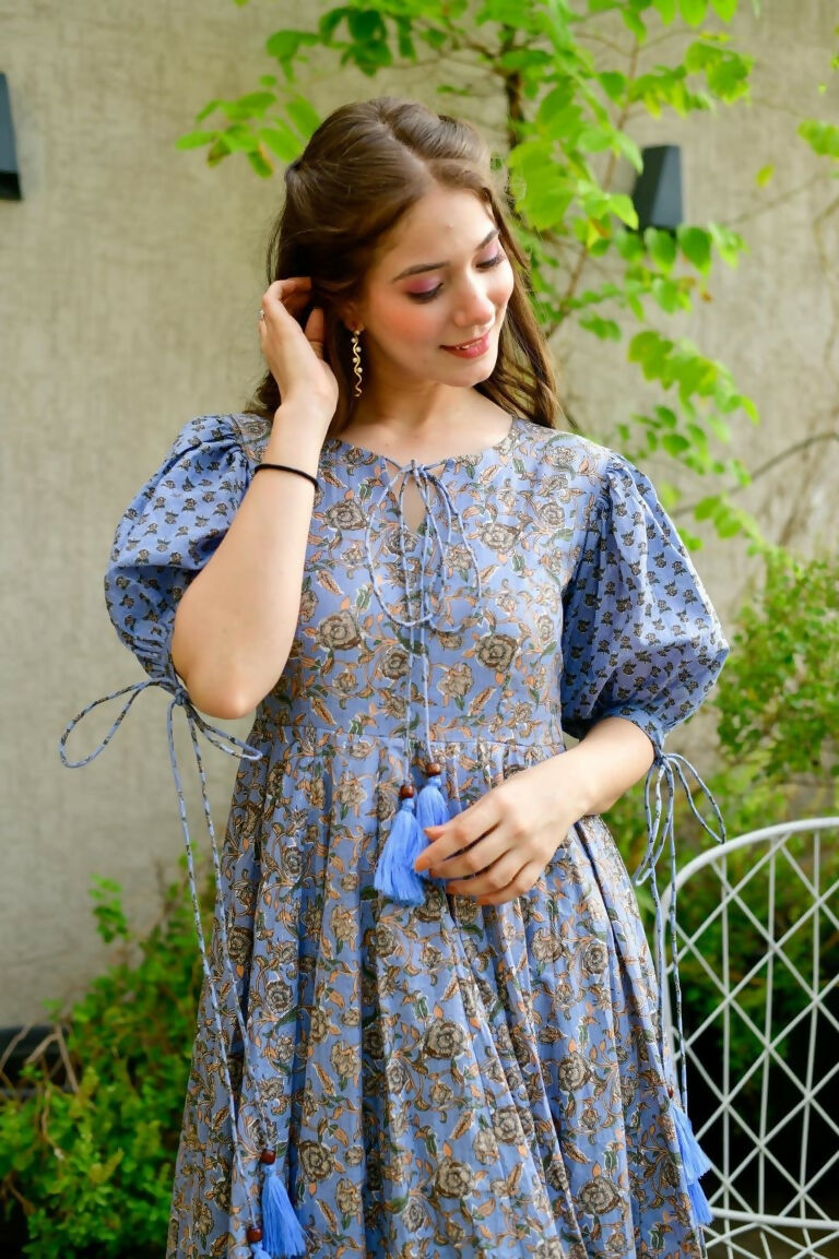 Women's Blue Heavy Digital Printed Cotton Silk Anarkali Dress