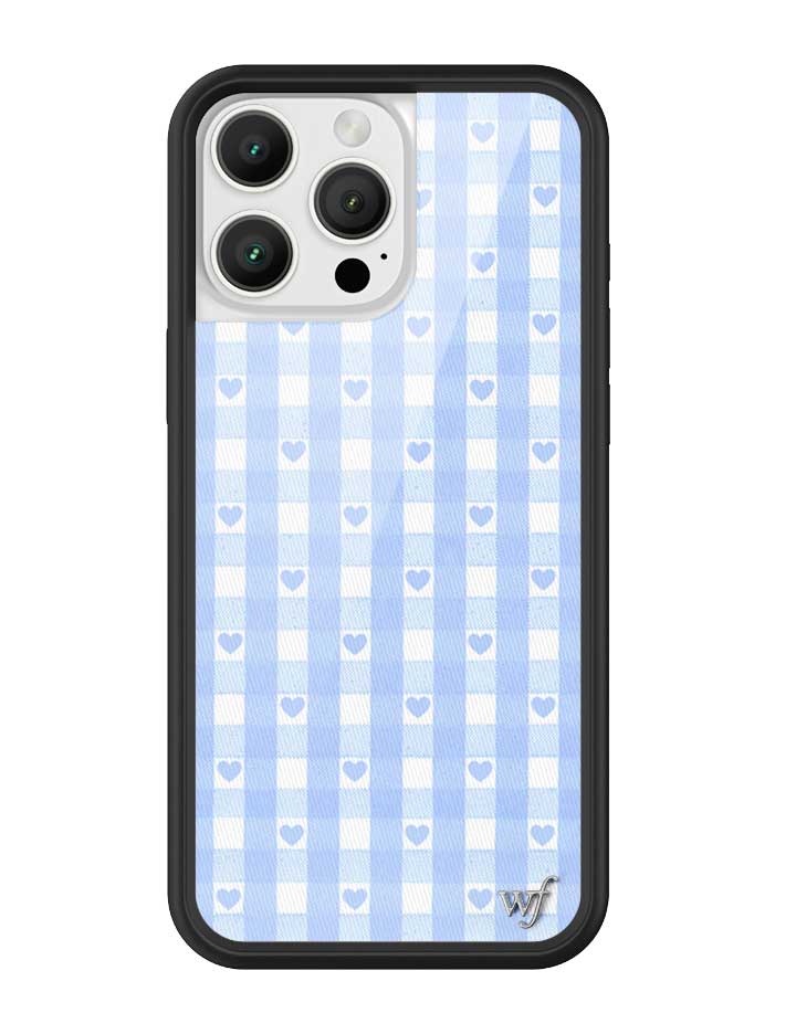 Baby blue iPhone case featuring a gingham checkered pattern with small heart accents and a black bumper.