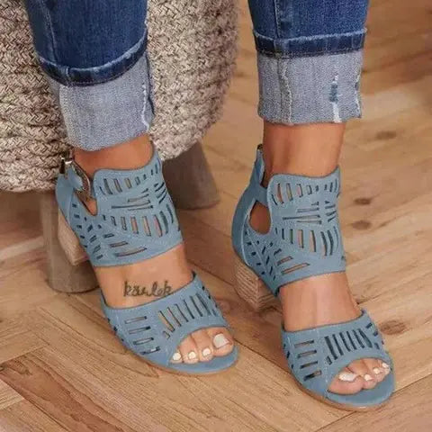 Women's Chunky Heel Sandals with Rhinestone Cutout