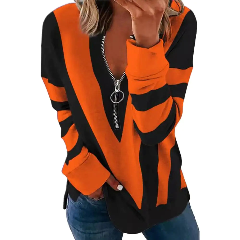 Women's Striped V-Neck Zip Up Long Sleeve Casual Sweatshirt - Image 24