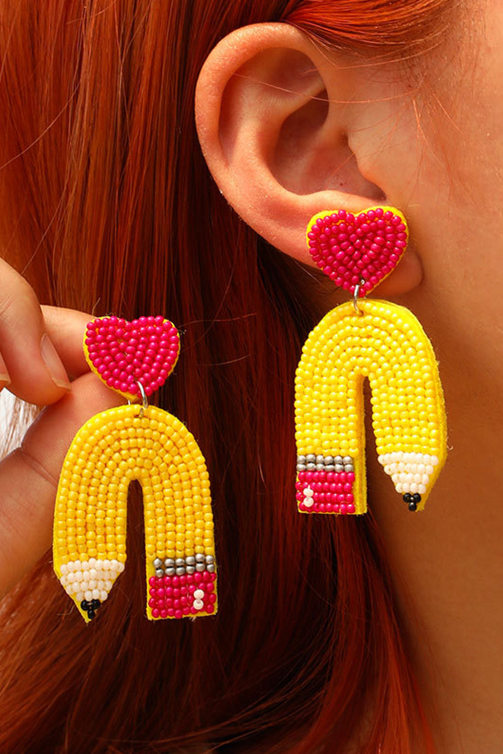 Yellow Heart Pencil Earrings with Beaded Details - Image 2