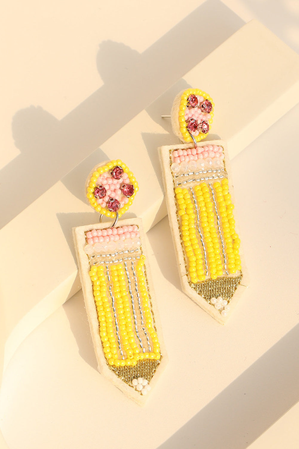 Yellow Teacher Pencil Beaded Statement Earrings Funky Jewelry - Image 3