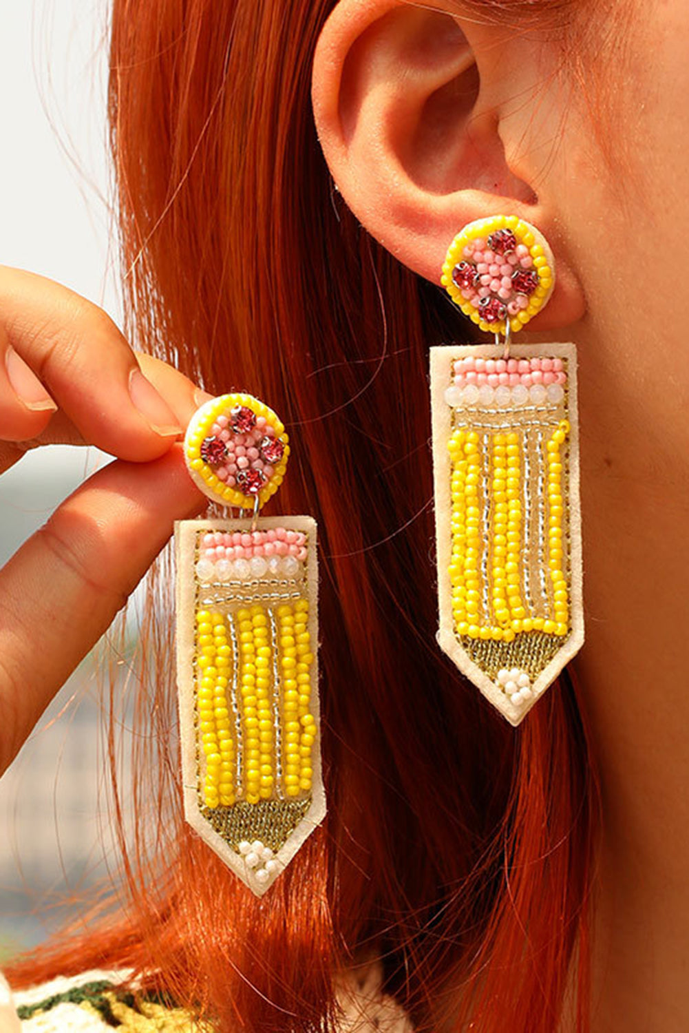 Yellow Teacher Pencil Beaded Statement Earrings Funky Jewelry - Image 2