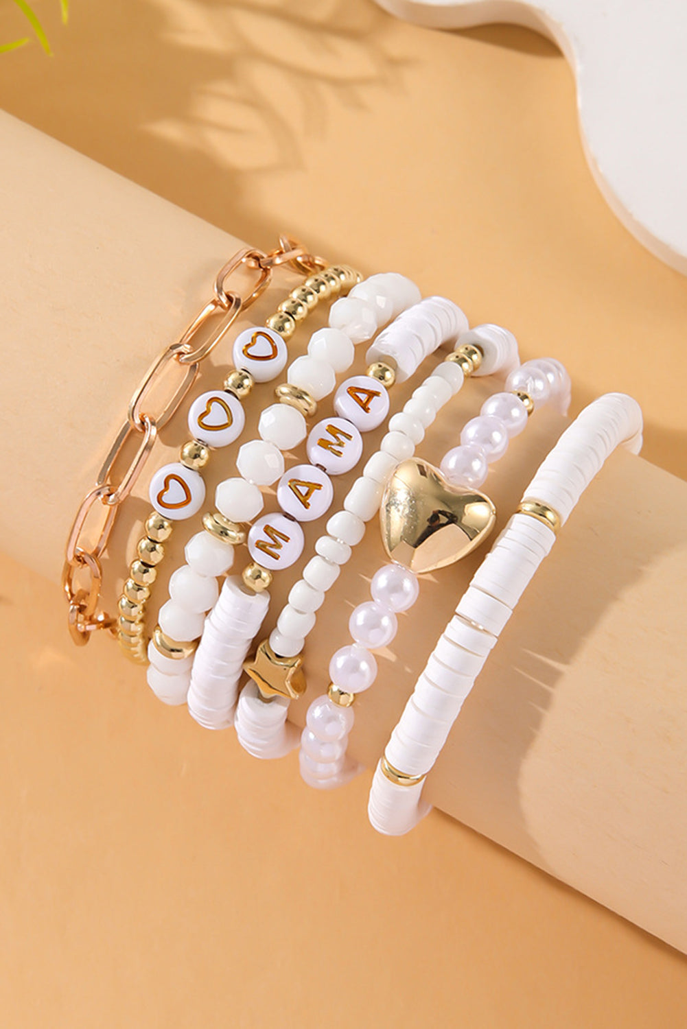 White MAMA Heart Pearl Layered Bracelet Stack