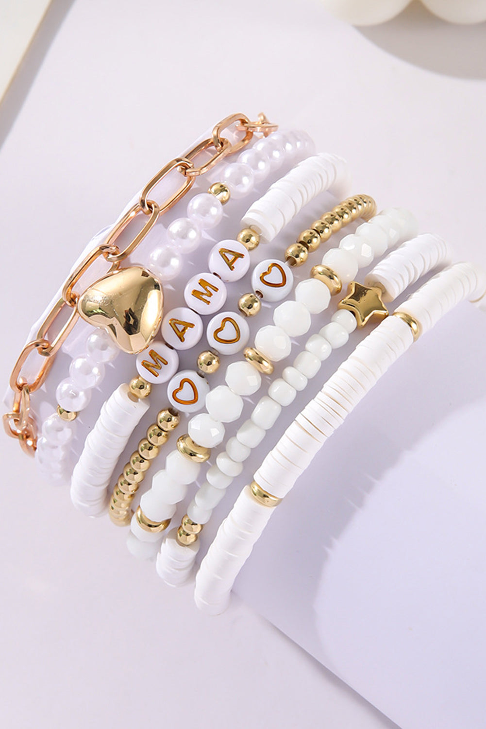 White MAMA Heart Pearl Layered Bracelet Stack
