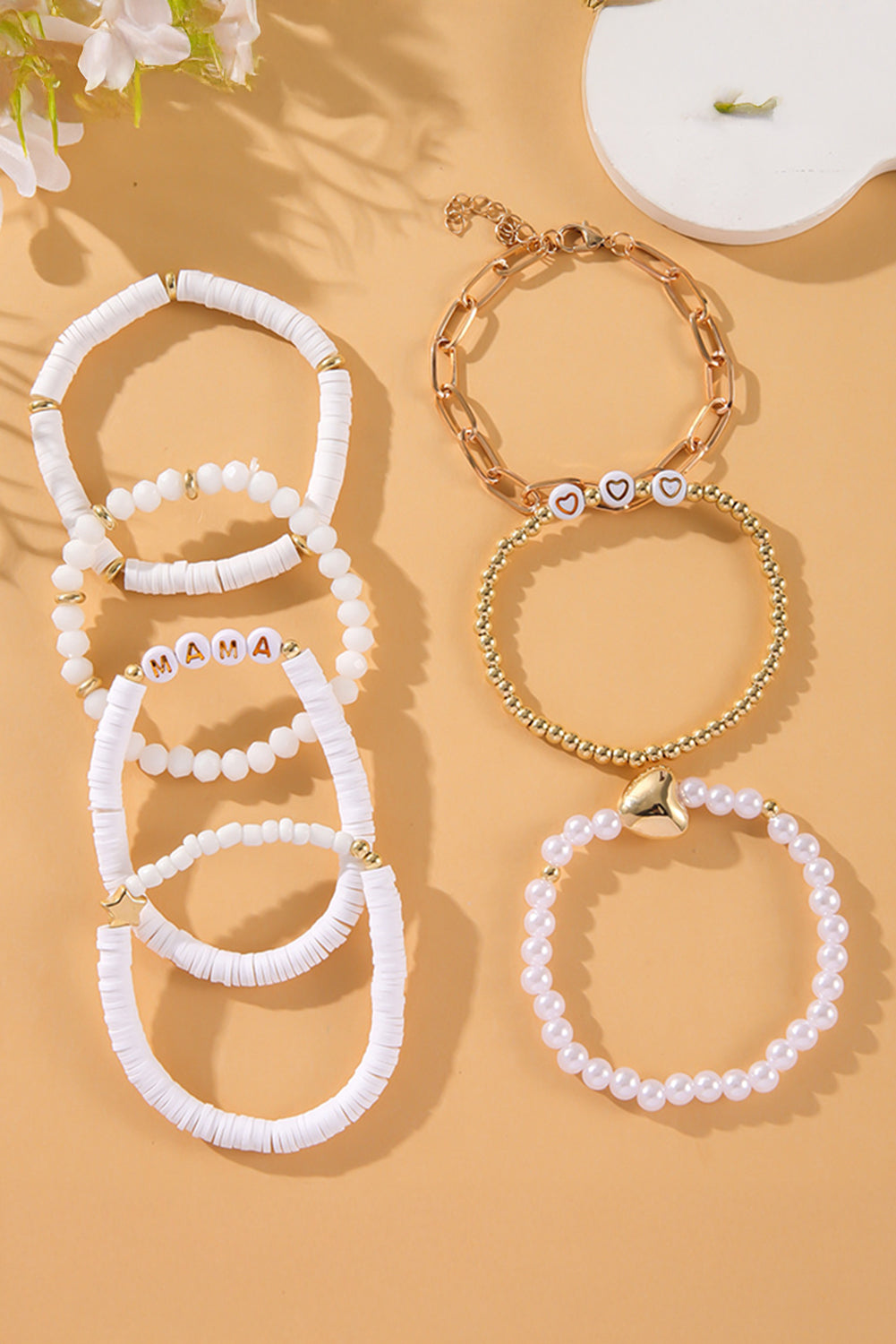 White MAMA Heart Pearl Layered Bracelet Stack