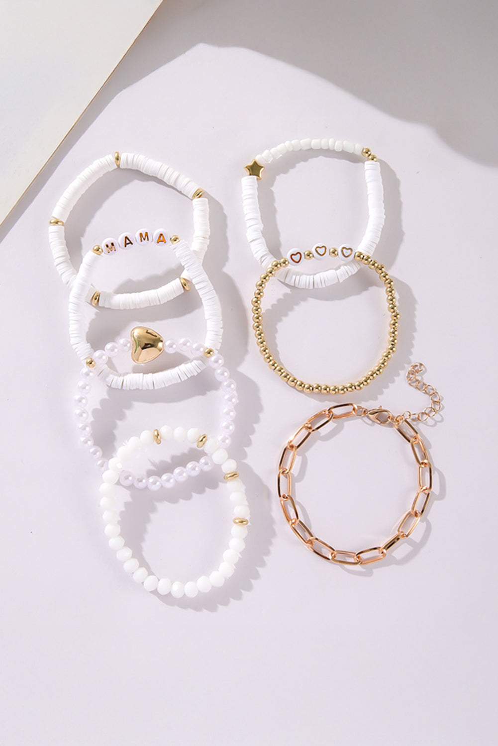White MAMA Heart Pearl Layered Bracelet Stack