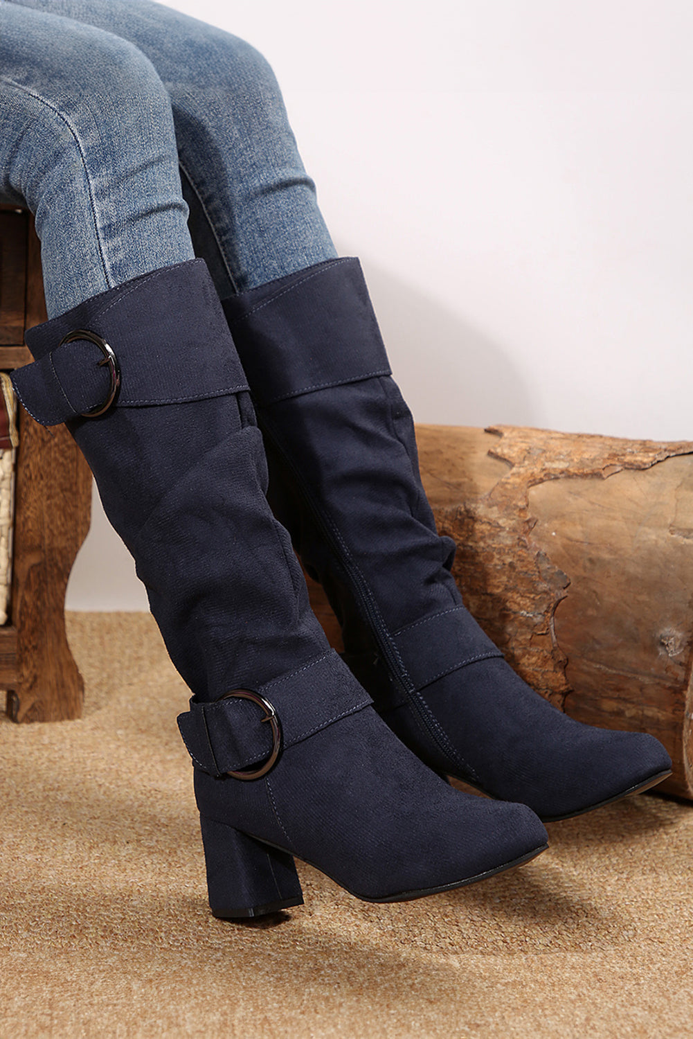 Suede Double Buckled Side Zipped Mid-calf Boots