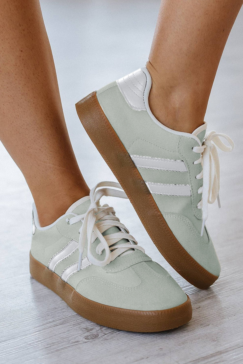 Willa Striped Lace-up Flat Sneakers with Gum Sole and Suede Look