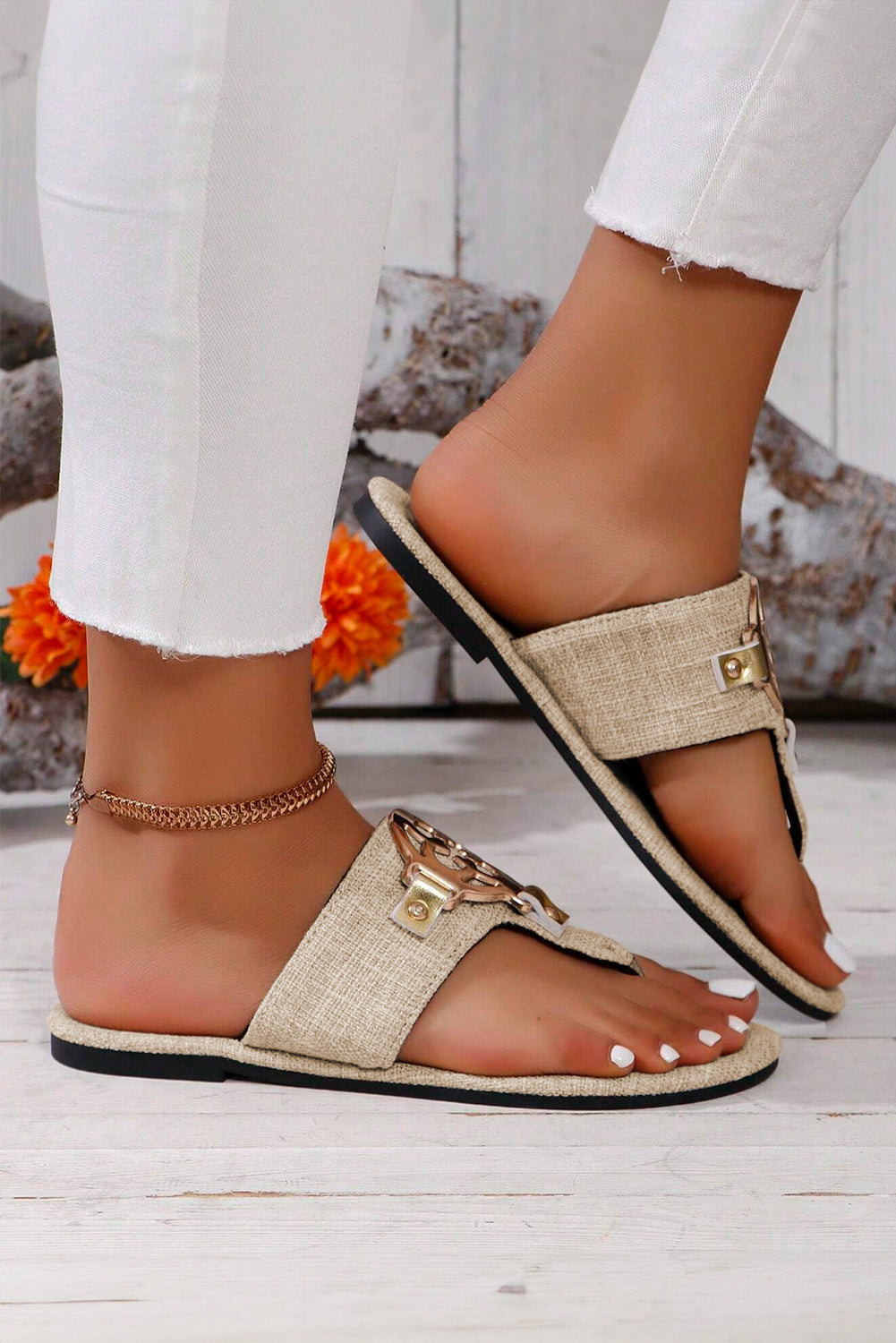 Women Denim and White Metal Accent Thong Flat Sandals - Image 4