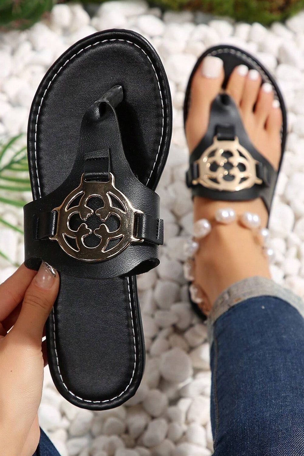 Women Denim and White Metal Accent Thong Flat Sandals - Image 5