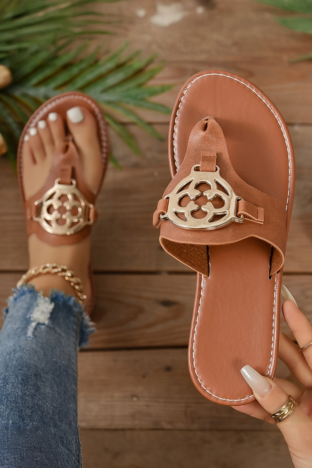 Women Denim and White Metal Accent Thong Flat Sandals - Image 8