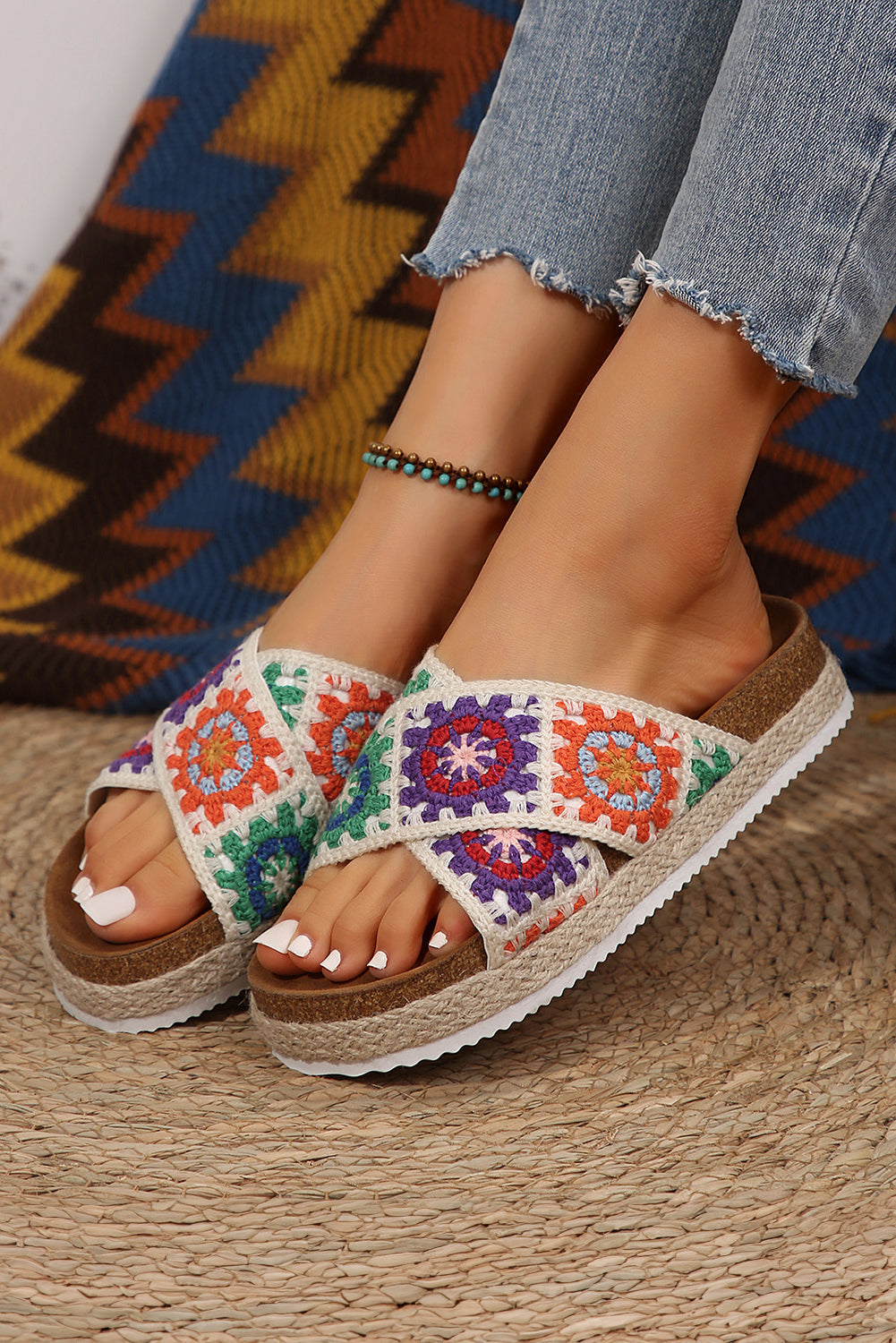 Geometric Woven Crisscross Strap Platform Slippers
