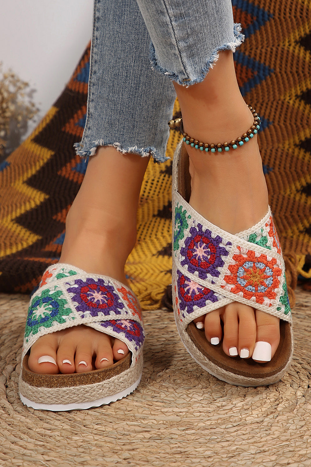 Geometric Woven Crisscross Strap Platform Slippers