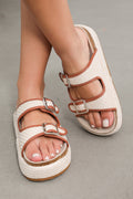 Beige Linen Dual Buckle Strap Thick Sole Slippers