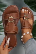 Saylor Buckle Decor Dual Bands Flat Slippers