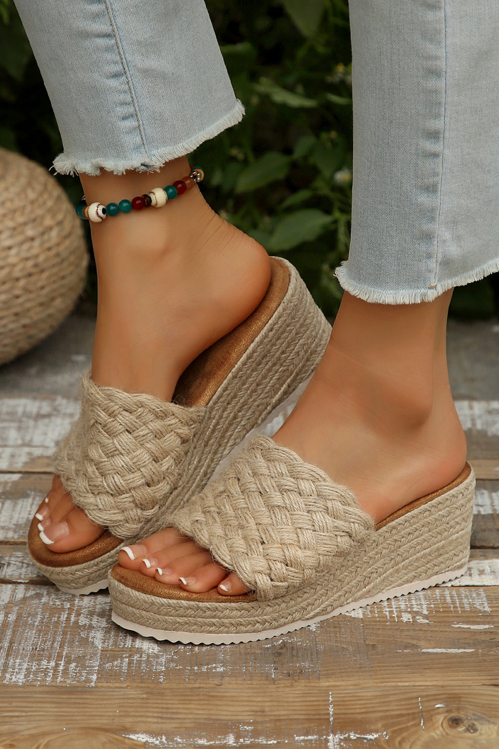 Woven Wide Band Platform Slippers in Beige and Cream Espadrille