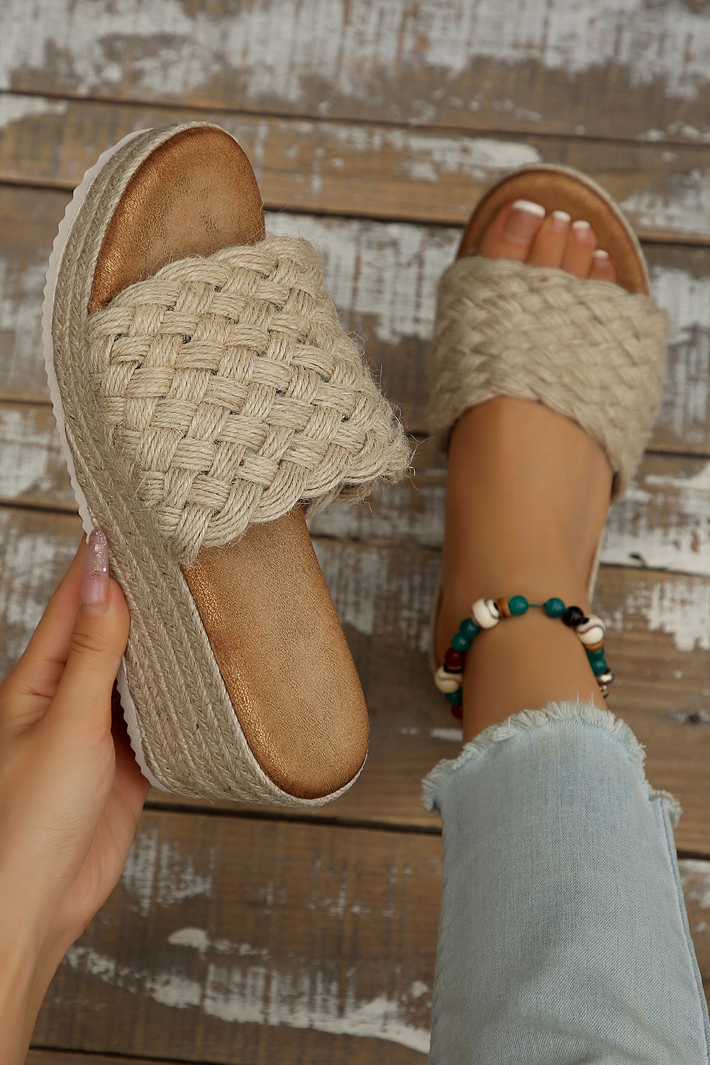 Woven Wide Band Platform Slippers in Beige and Cream Espadrille