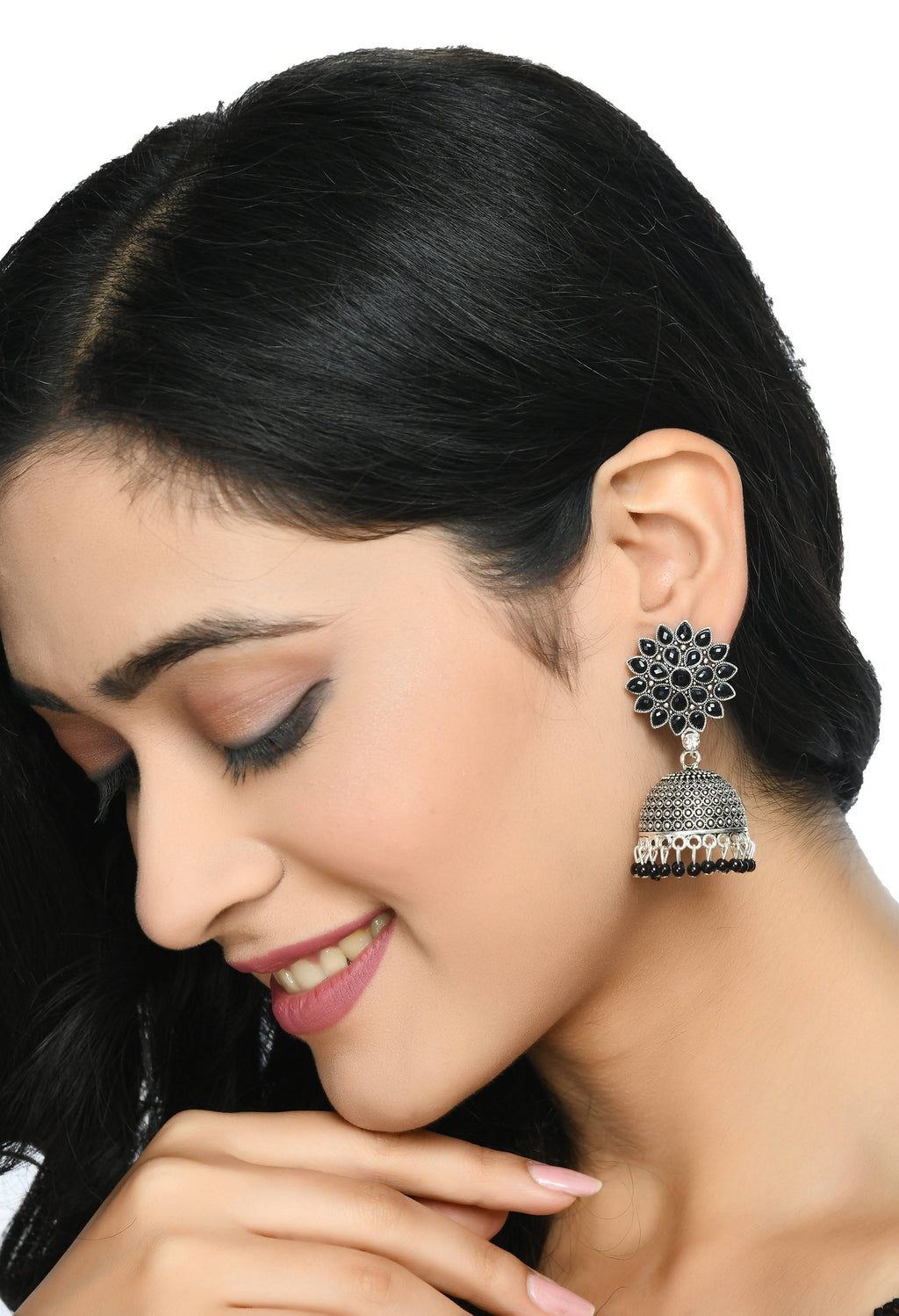 Johar Kamal Kundan Jhumka Earrings with Black Beads for Girls