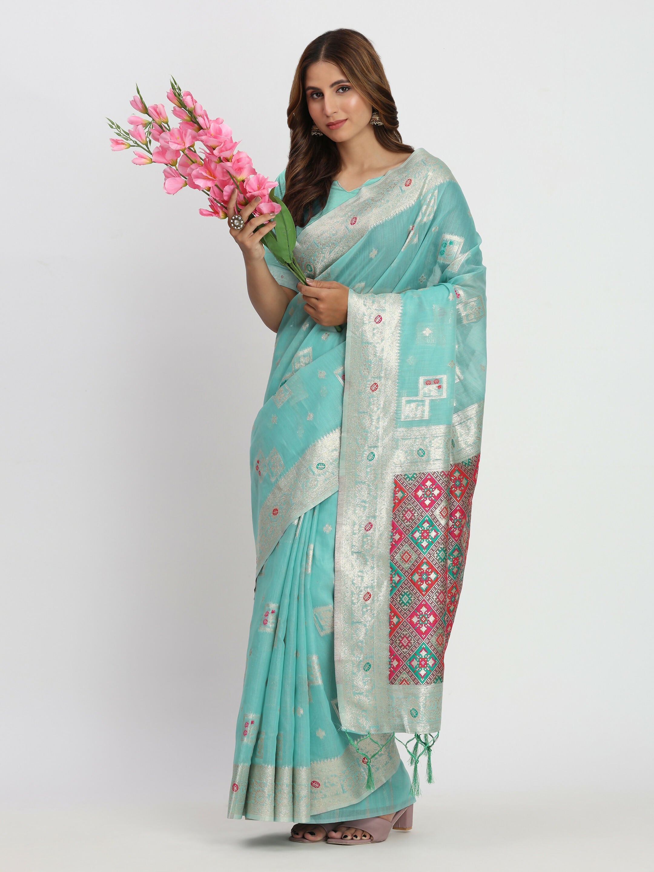 Elegant Sea Green Linen Cotton Saree with Blouse