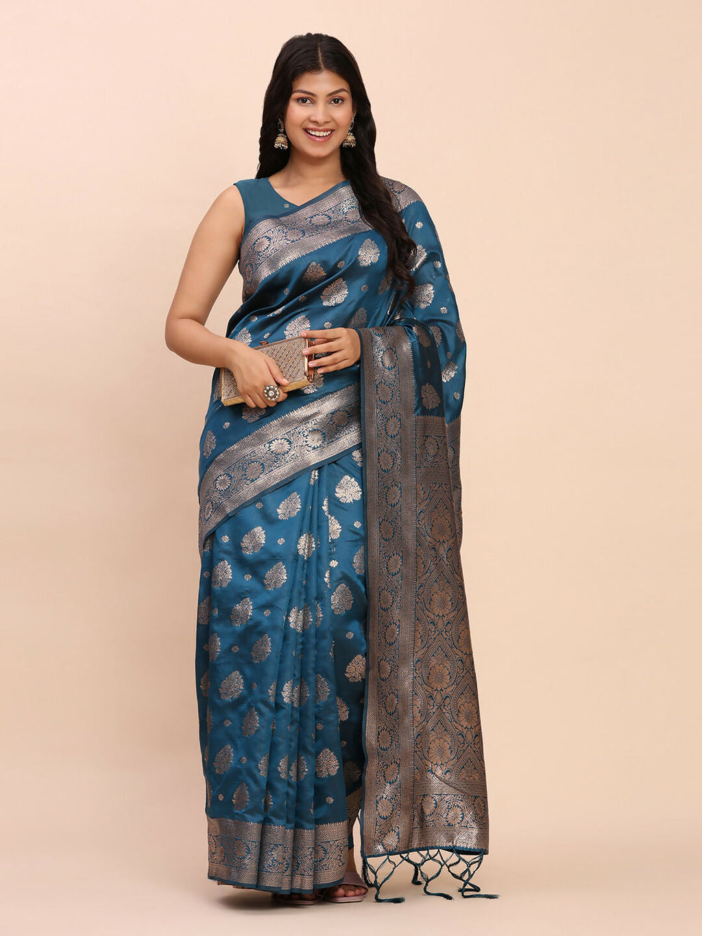 Teal Blue Banarasi Silk Saree with Matching Blouse Piece