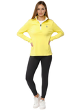A woman wearing a bright yellow quarter-zip pullover with long sleeves and a soft fleece lining, paired with black leggings.