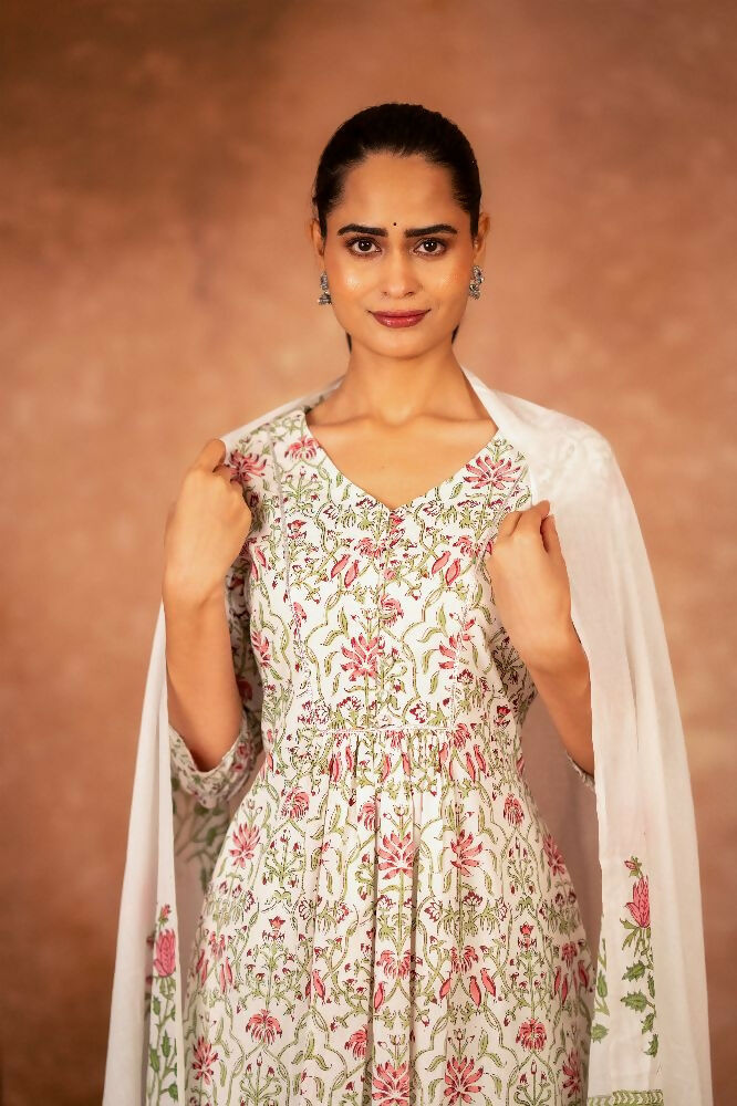 Green & Pink Hand Block Printed Cotton Suit Set for Women