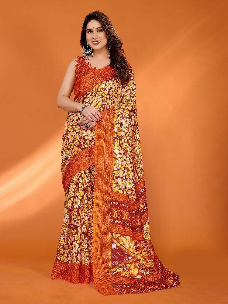 Orange Kota Doria Printed Saree with Matching Blouse Piece