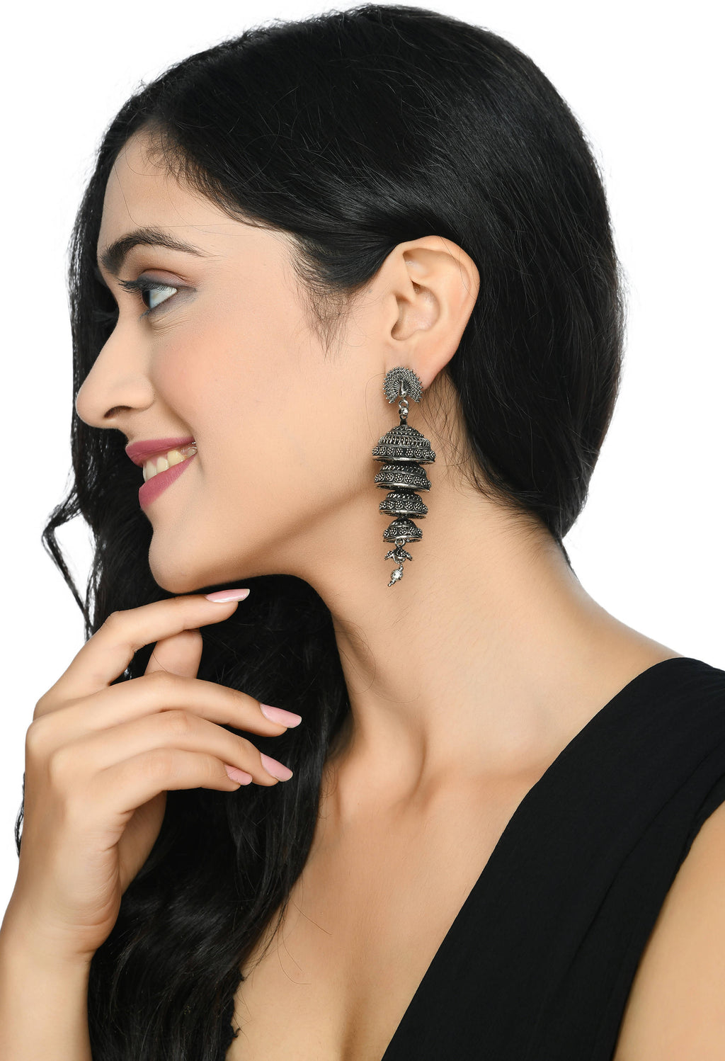 Elegant Peacock Motif Silver Colour Statement Earrings