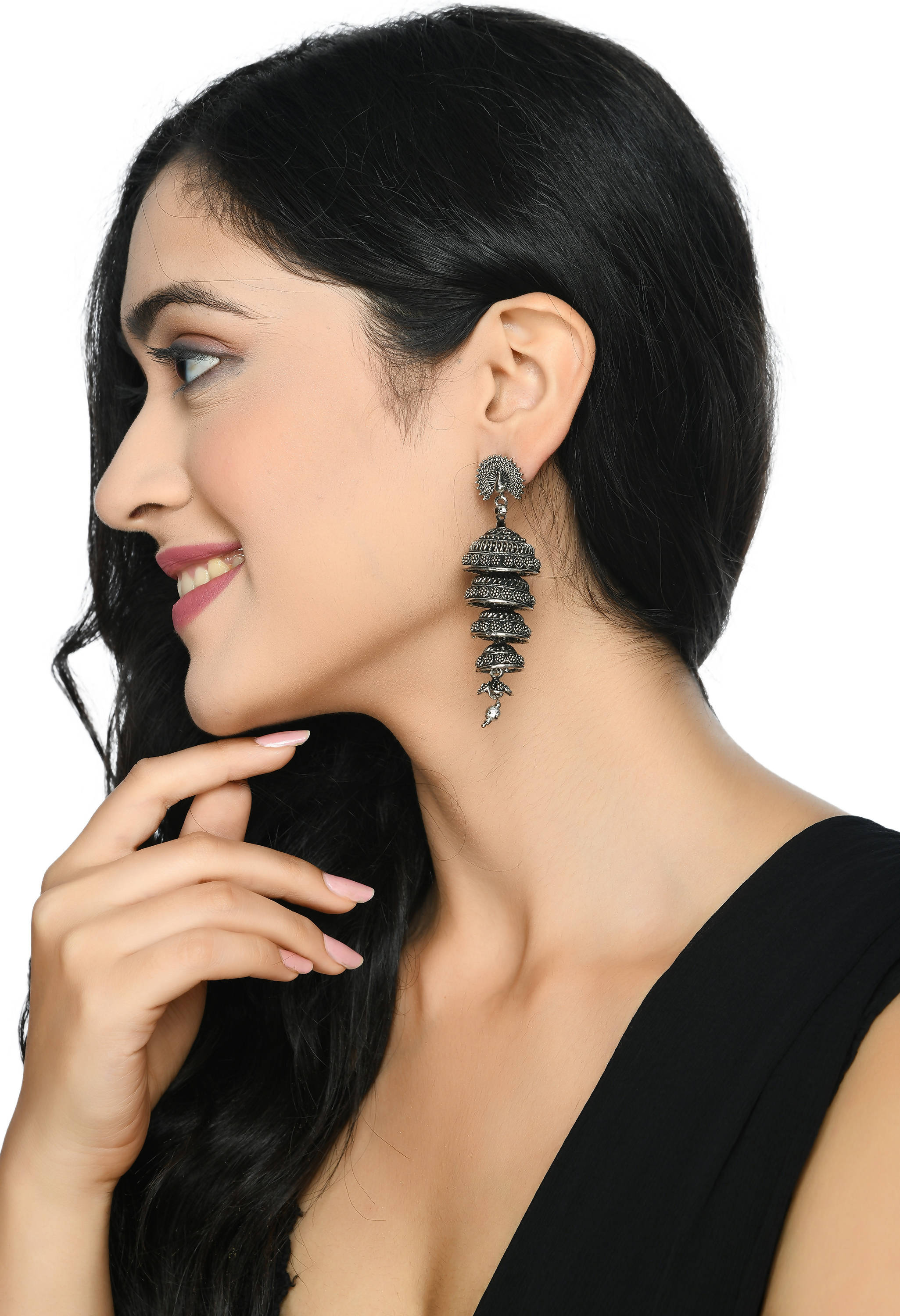 Elegant Peacock Motif Silver Colour Statement Earrings