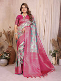 Aastha Fashion Aqua Banarasi Tissue Silk Saree with intricate weaving and a pink blouse