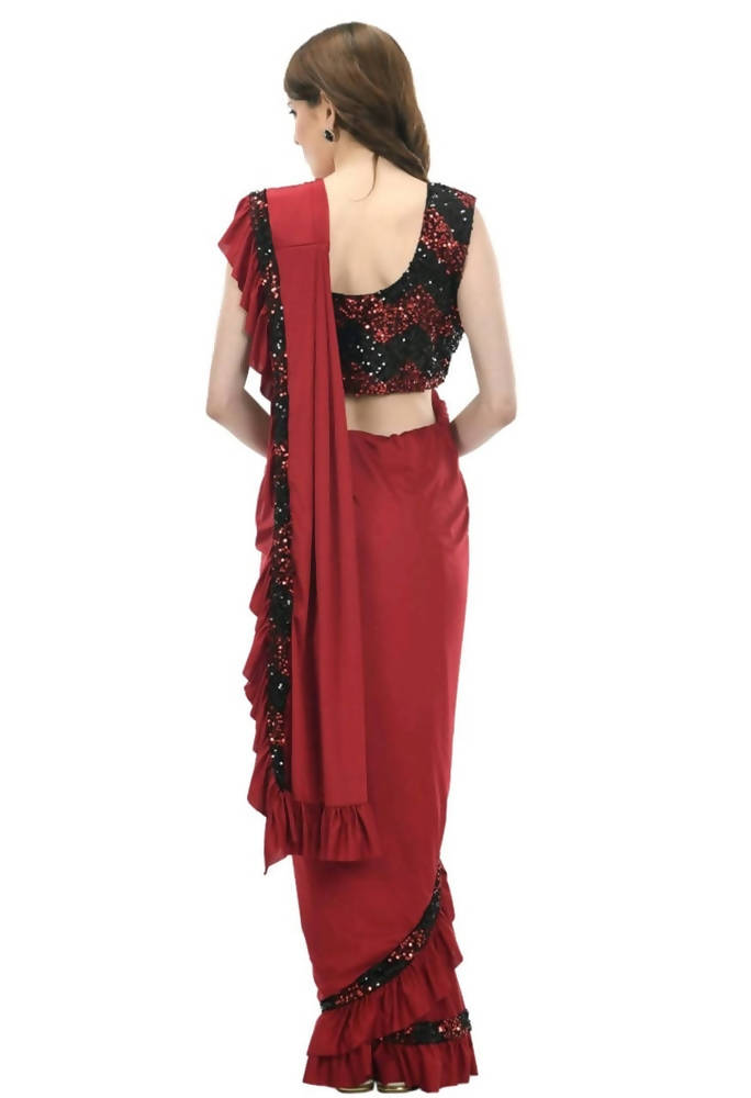 Olive Red and Black Ruffled Ready-to-Wear Lycra Saree