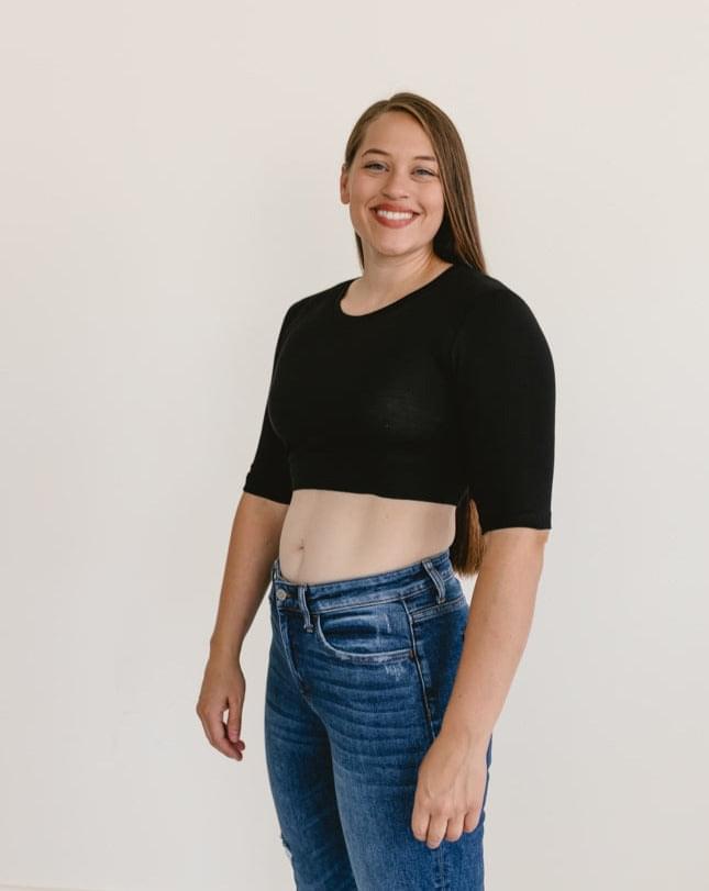 Women's White Crew Neck Elbow Sleeve Cropped Layering Tee - Image 6