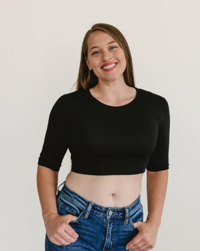 Women's White Crew Neck Elbow Sleeve Cropped Layering Tee - Image 7