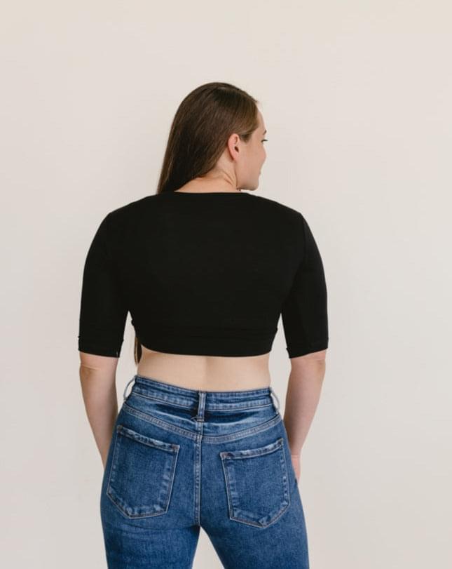 Women's White Crew Neck Elbow Sleeve Cropped Layering Tee - Image 10
