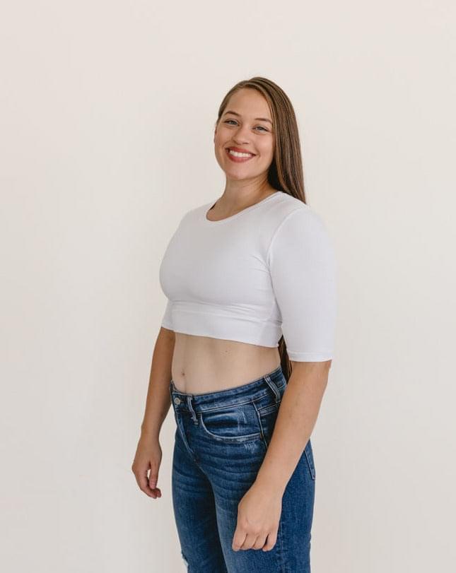 Women's White Crew Neck Elbow Sleeve Cropped Layering Tee - Image 9