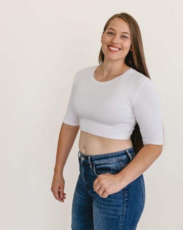 Women's White Crew Neck Elbow Sleeve Cropped Layering Tee - Image 4