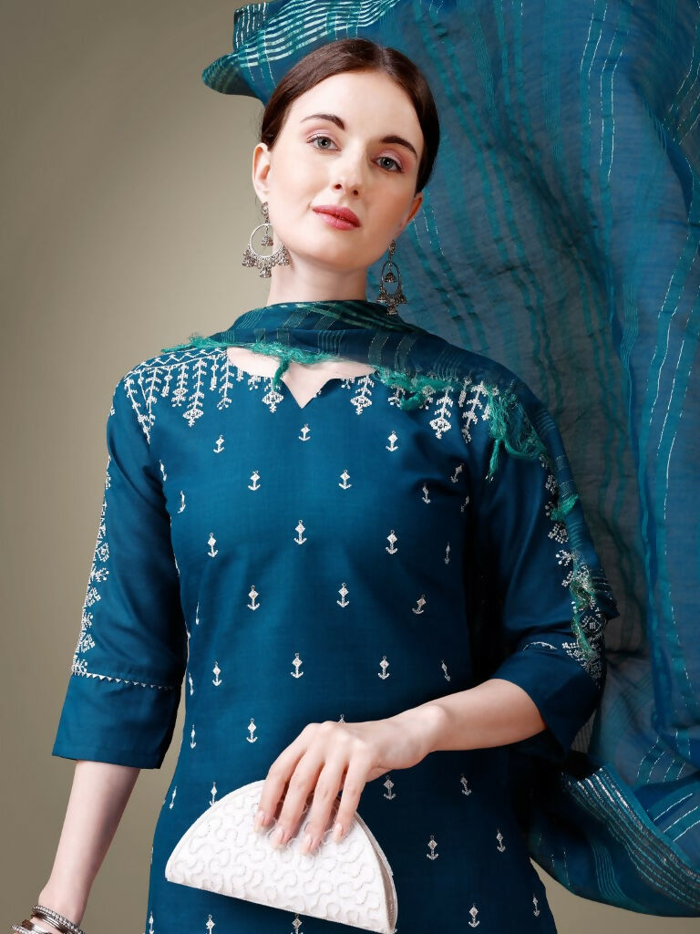 Teal and Dark Blue Geometric Print Cotton Kurta Set