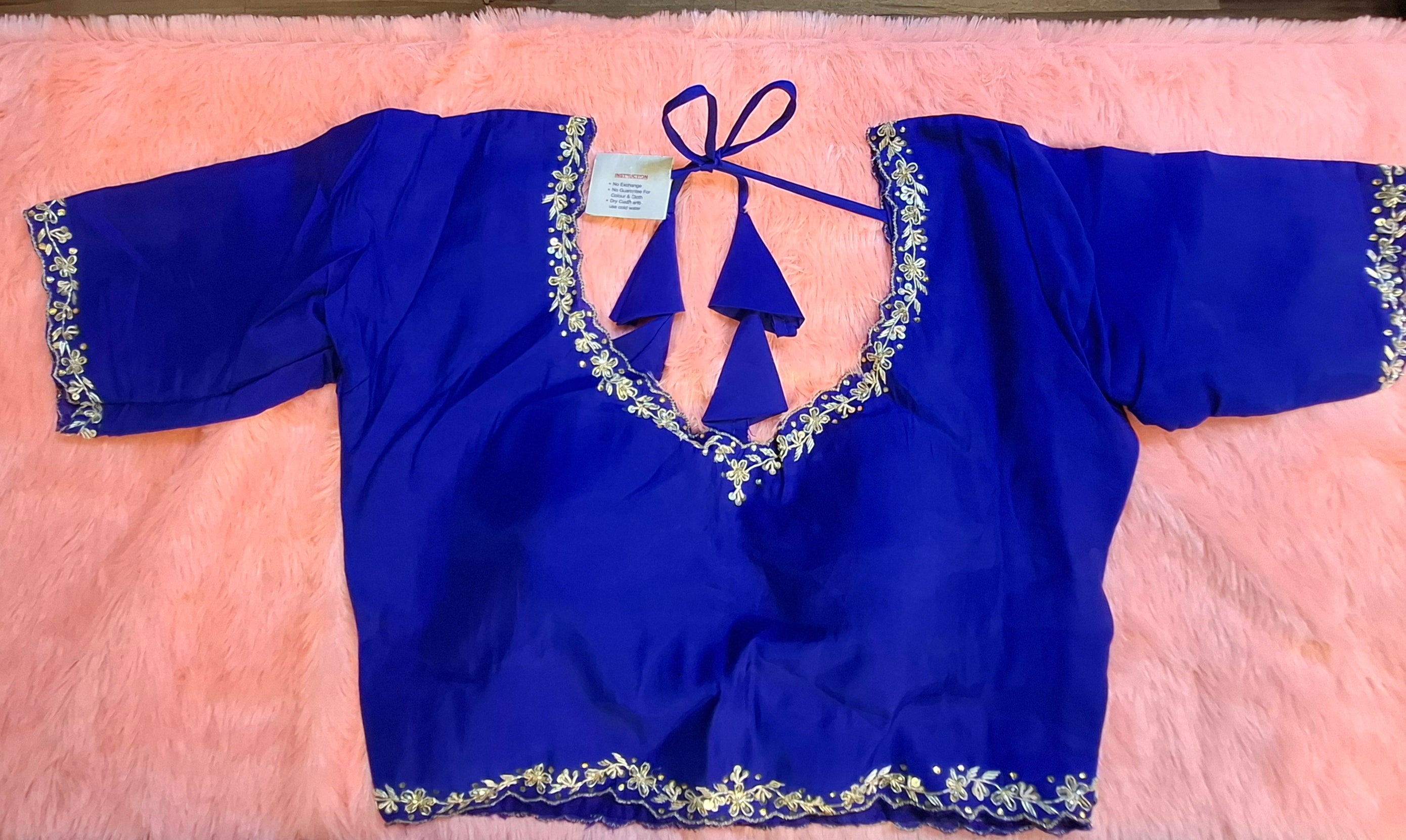 Royal blue silk blouse with intricate hand embroidery and sequins