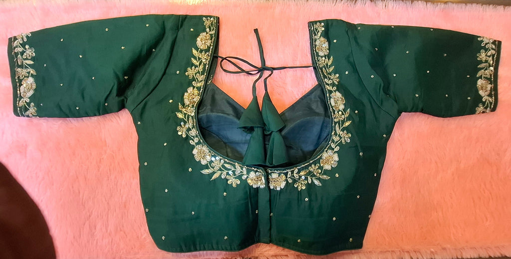 Bottle Green Silk Hand Embroidered Readymade Blouse with Zardosi