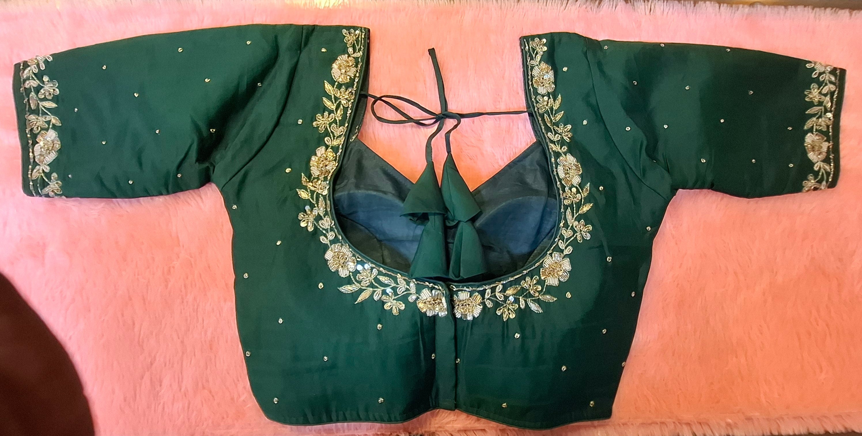 Bottle Green Silk Hand Embroidered Readymade Blouse with Zardosi
