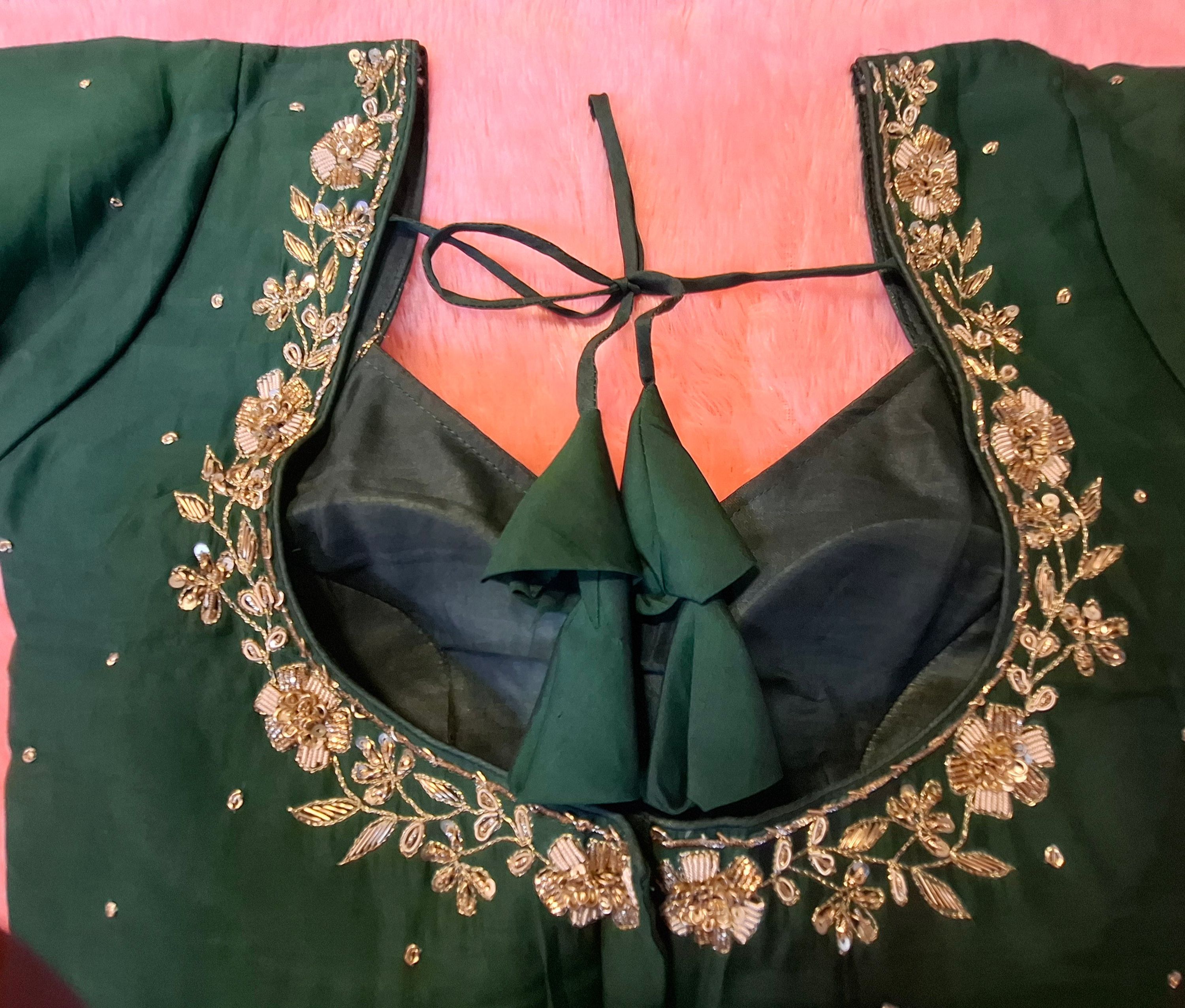 Bottle Green Silk Hand Embroidered Readymade Blouse with Zardosi