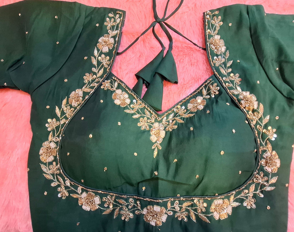 Bottle green cotton silk readymade blouse with gold zardosi, bead, and sequin hand embroidery.